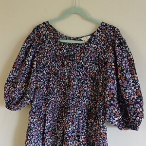 Terra & Sky Midi Dress Black Floral Smocked Puff Sl. Pockets 3x